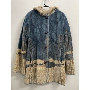 Alpine Studio Reversible Hooded Fleece Coat Jacket Blue Beige Tree Print M